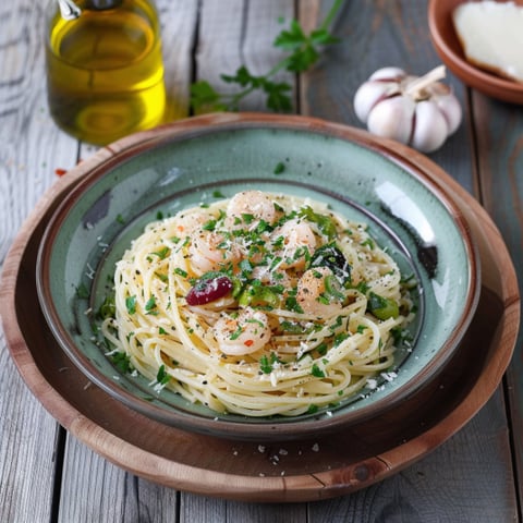 Una tavolata con un piatto di spaghetti con pesce e verdure.