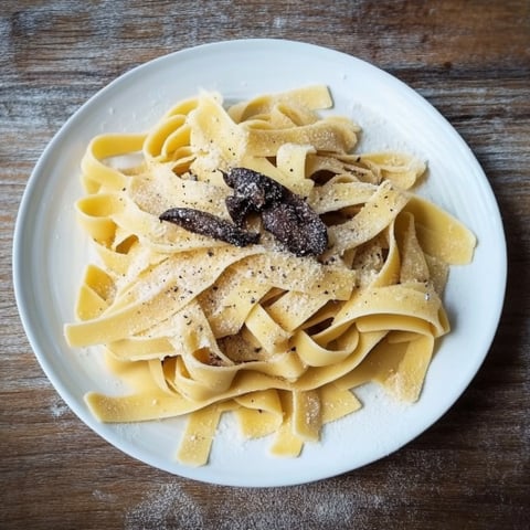 Una pietanza di spaghetti con una pietanza di funghi e parmesan.