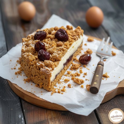 Una fetta di torta con frutta e cioccolato.