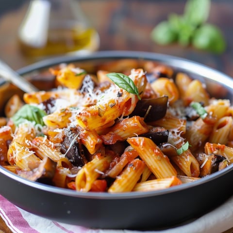 Penne con verdure e formaggio in un piatto.