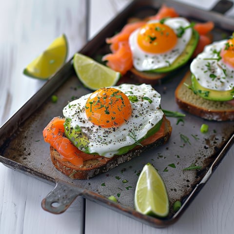 Piatti con uova e salmone in un piatto di metallo.