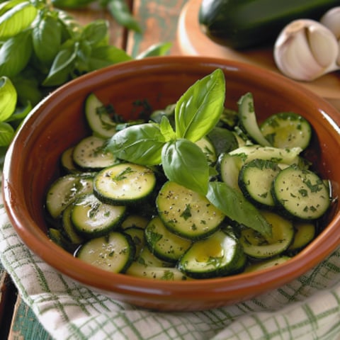 Una ciotola con verdure e basilico.