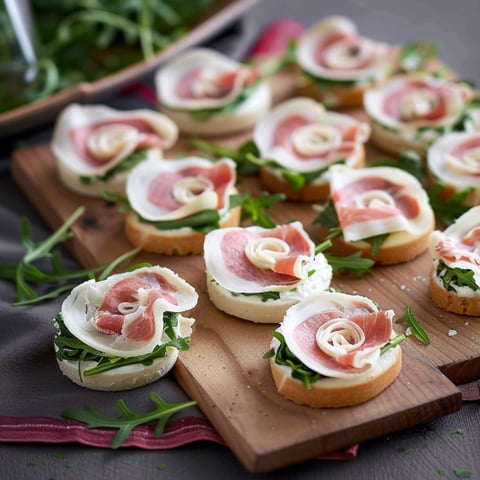 Un piatto di bruschetta con verdure e prosciutto.