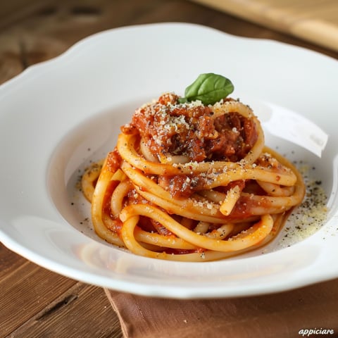 Una porzione di spaghetti con sauce e foglie di basilico.