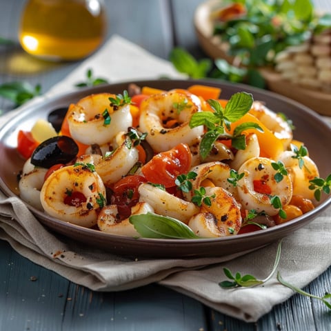 Una tavolata con un piatto di frullato di frutta, verdura e gamberi.
