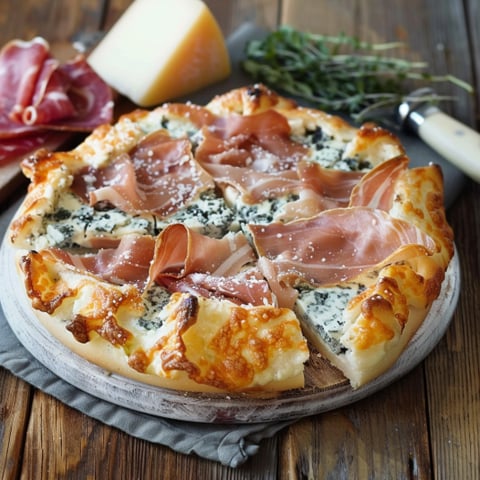 Una pizza con prosciutto, formaggio e basilico.