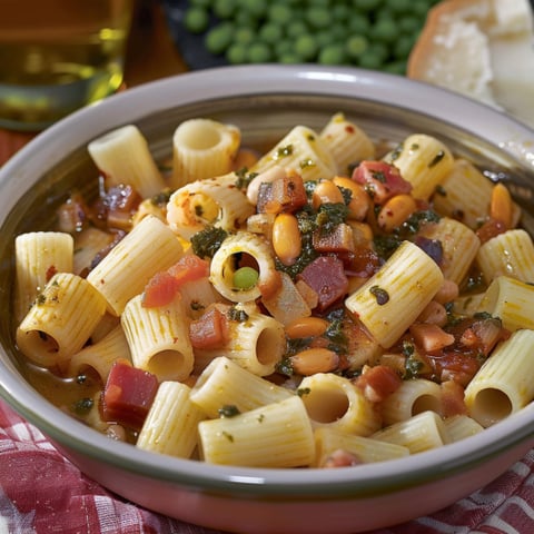 Una ciotola di pasta con verdure e carne.