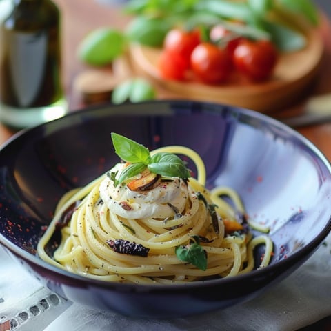 Una ciotola di spaghetti con verdure e formaggio.