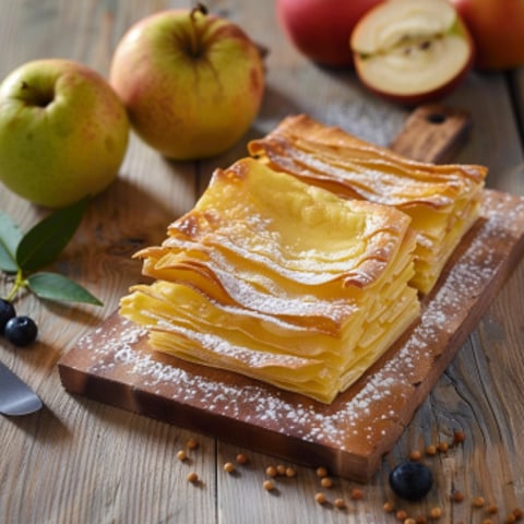 Un piatto di pasticcini con polvere di zucchero e frullati.