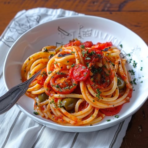 Una tazza di spaghetti con pomodori e olive.