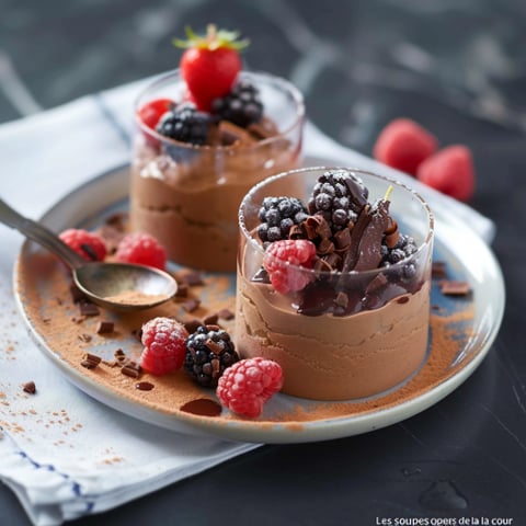 Due bicchieri di cioccolato con frullati di frutta.