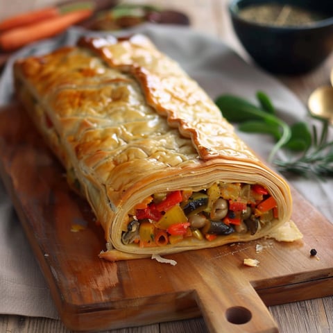 Un pane di focaccia con carne e verdure.