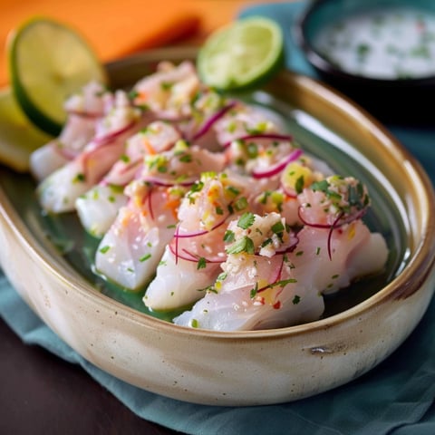 Una ciotola con pesce e limoni.