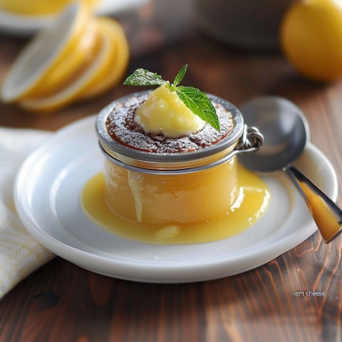 Un bicchiere di crema di limone con una foglia di menta sul fondo.