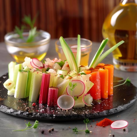 Un piatto di verdure con carote, radice e altri ingredienti.