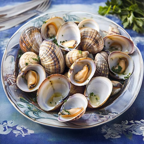 Una ciotola con ostriche e verdure.