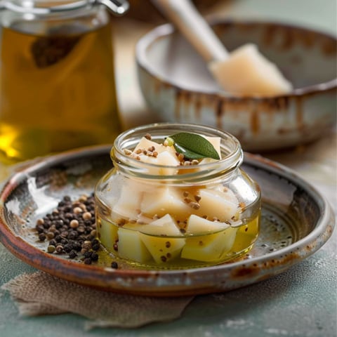 Un contenitore di mostarda con semi di cumino.