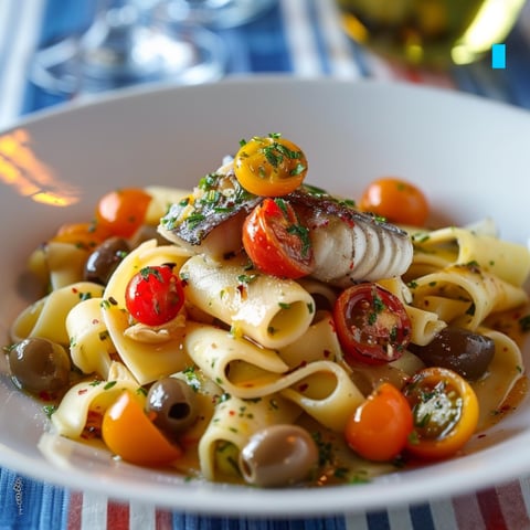 Piatti di pasta con pesce e pomodori.