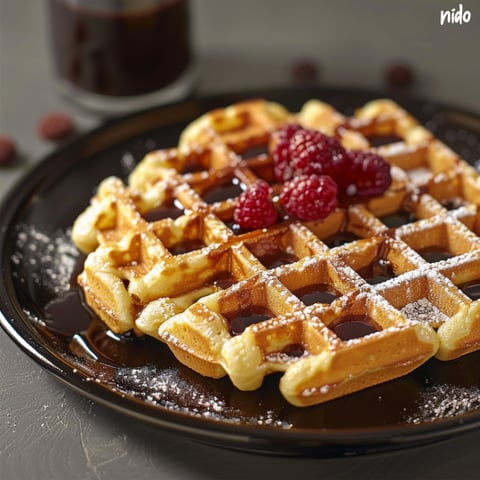 Un waffle con frutta e succo di caffè.