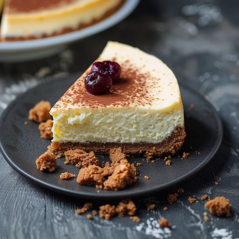 Una fetta di cheesecake con frullato di frutta.