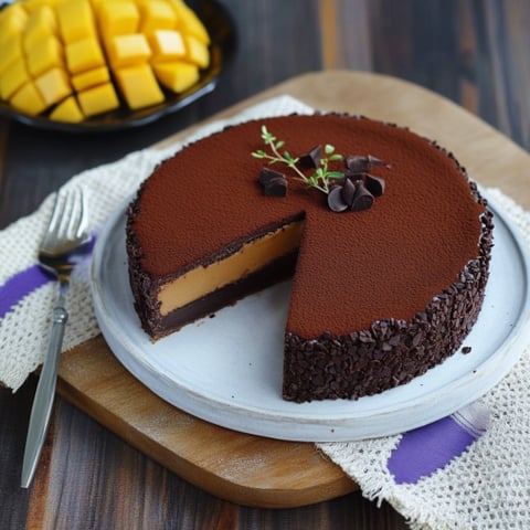 Una torta di cioccolato con frullato di mango.