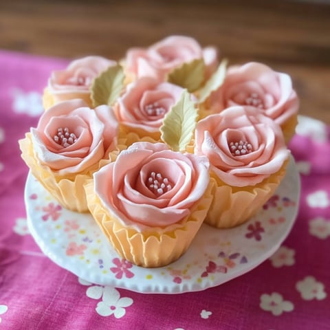 Una tavolata con 4 cupcakes con rose.