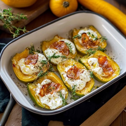 Piatti di zucca con formaggio e prosciutto.