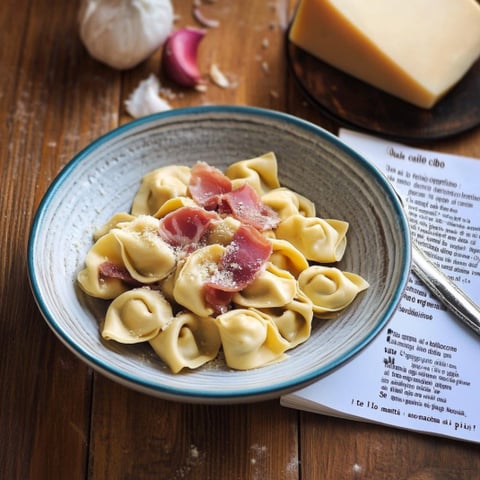 Un piatto di pasta con prosciutto e formaggio.
