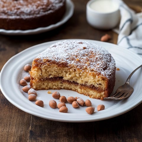 Una torta con polvere di zucchero e semi di noce sulla tavolata.
