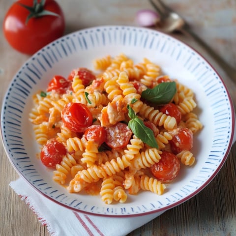 Piatti di pasta con pomodori e basilico.