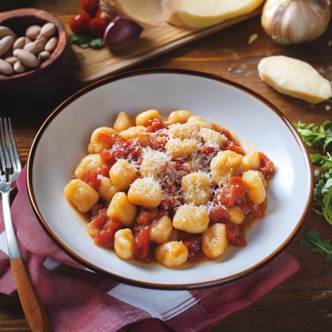 Una tavolata con una ciotola di pasta e pomodori.