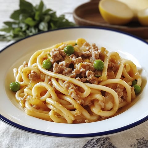 Una ciotola con spaghetti e carne.