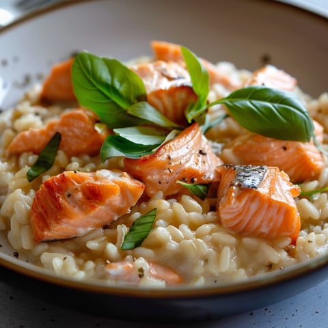 Riso con pesce e foglie verdi.