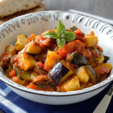 Una ciotola di minestrone con verdure e basilico.