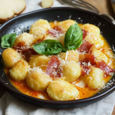 Piatti di pasta con foglie di basilico.