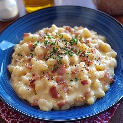 Una tazza di macaroni con bacon e erbe.