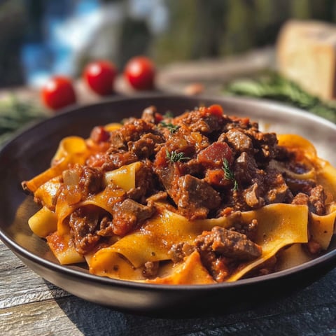 Una tavolata con un piatto di pasta e carne.