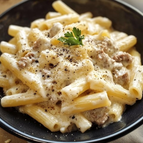 Penne con formaggio e verdura.