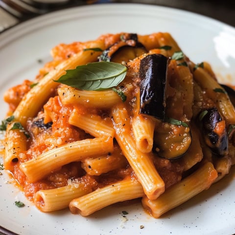 Penne con sugo di pomodoro e verdure.