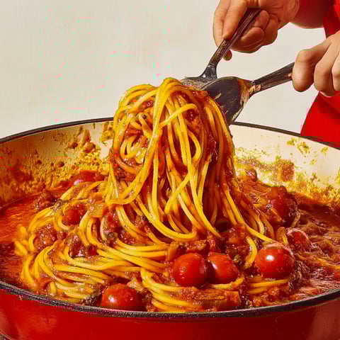 Una persona che tiene una spaghetti in una cazuela.