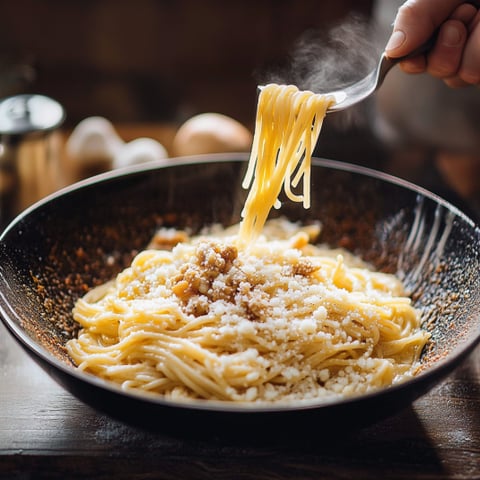 Una ciotola di spaghetti con formaggio e ova.