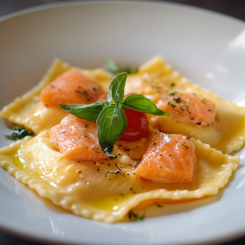 Piatti di pasta con salmone e verdure.