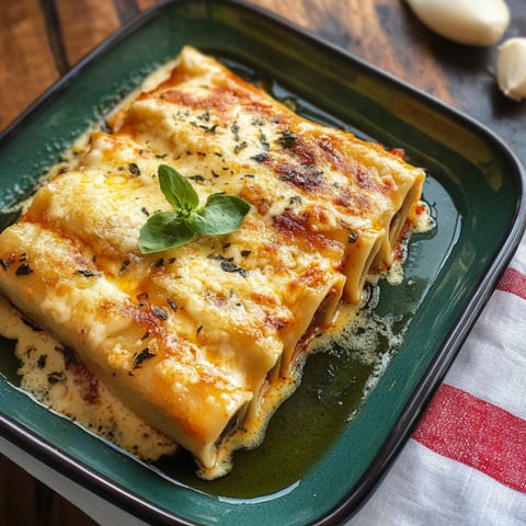 Un piatto di lasagna con salsa bianca e foglie di basilico.