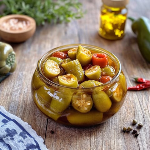 Una ciotola di peperoncini con erbe e olio.