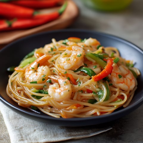 Una ciotola di spaghetti con carne di scampi e verdure.