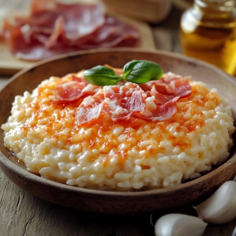 Riso con prosciutto e foglie di basilico.