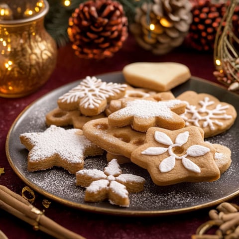 Tavolozza con dolci a forma di stella e con la neve.