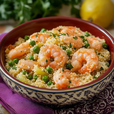 Una ciotola con riso e gamberi.