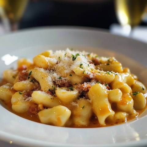 Pasta con sugo di pomodoro e parmigiano.