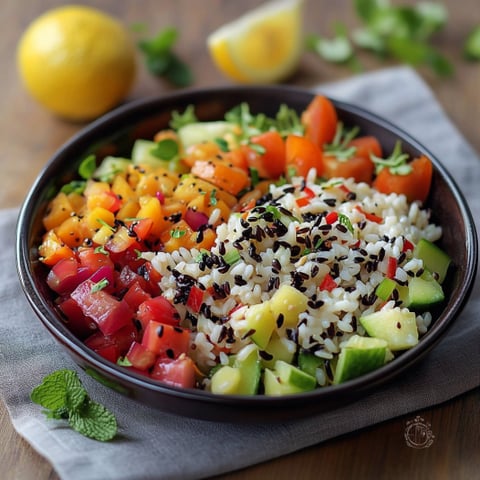 Una tazza di frutta e verdura con lime, pomodoro, avocado, arugula e riso.